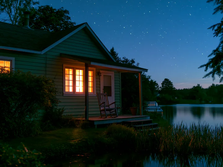 A house beside a starry lake features bright windows glowing in the evening darkness.