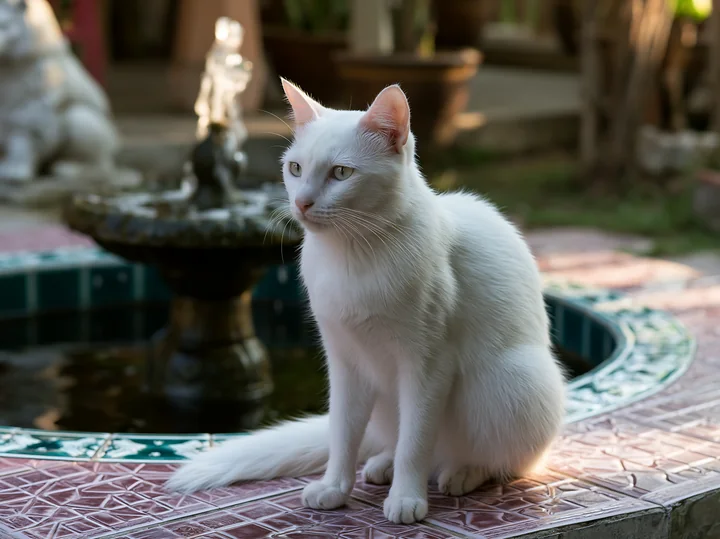 A Khao Manee cat sits near a fountain in a garden.