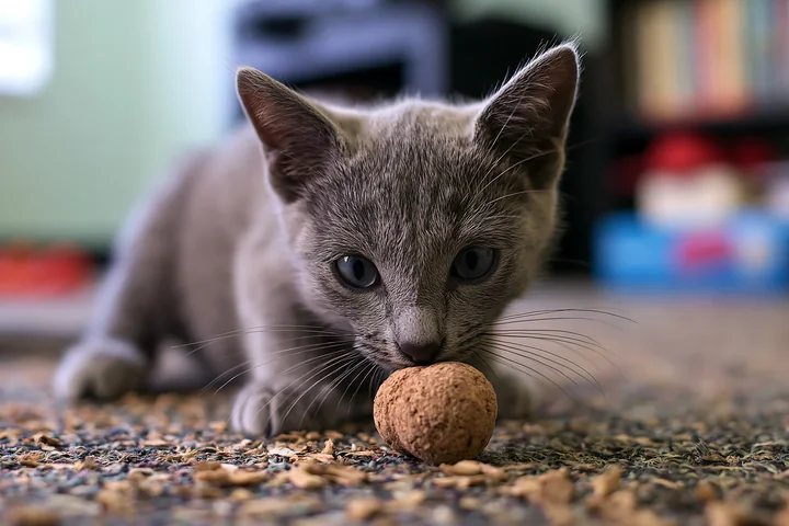 A Korat kitten explores a small ball while sitting on a textured surface in a cozy indoor setting with soft lighting.