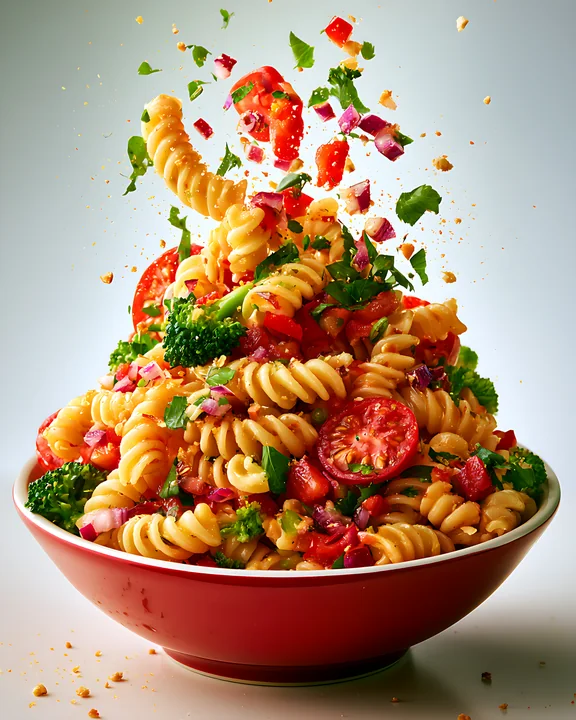 A large bowl holds a vibrant pasta salad made of fusilli noodles, cherry tomatoes, broccoli, and herbs, set against a light background.