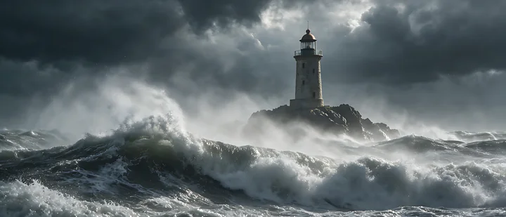 A lighthouse overlooks a stormy sea, surrounded by dark clouds and tumultuous waves.