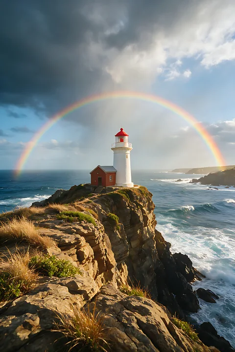 A lighthouse stands on a rocky cliff as a rainbow arches over the ocean.