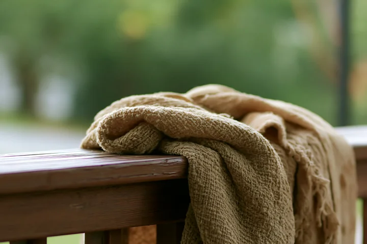 A lightweight fabric rests on a wooden railing, displaying a texture with faded blotches.