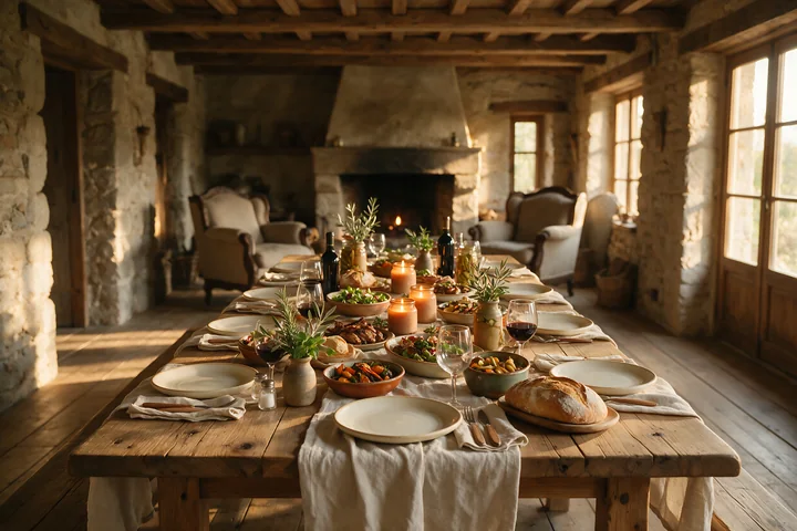 A long wooden table is set with various dishes, candles, and drinks in a cozy farmhouse dining room.