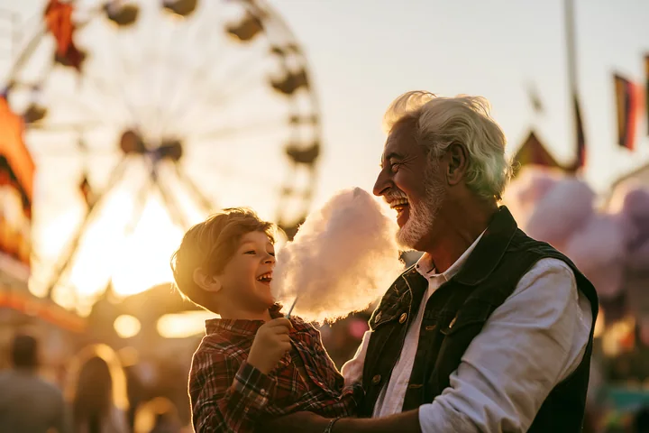 A man and a child share laughter while enjoying cotton candy at a funfair.