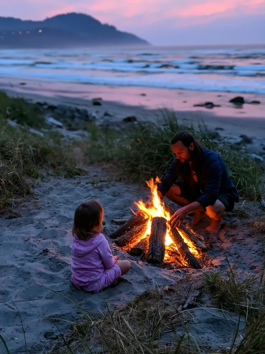 A man builds a fire while a young girl sits nearby on a sandy beach at twilight.