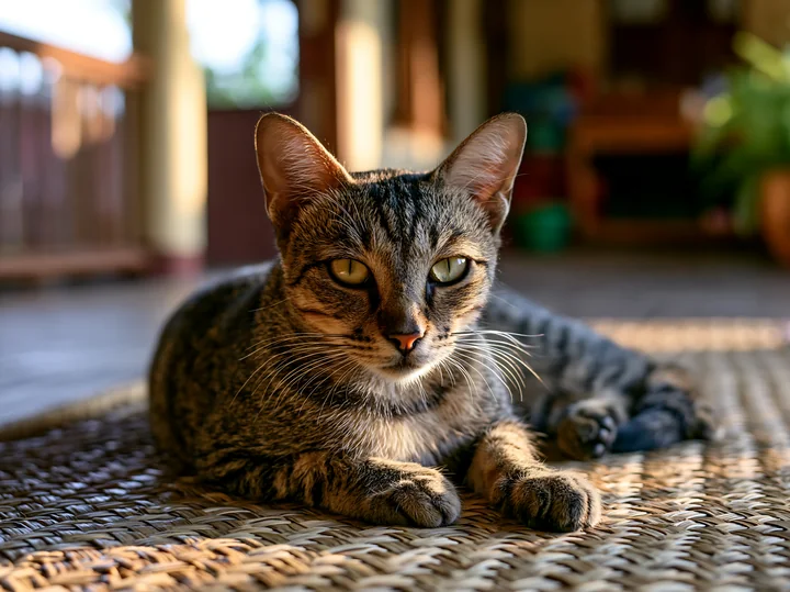 A Mandalay cat relaxes on a woven mat in a sunlit room.