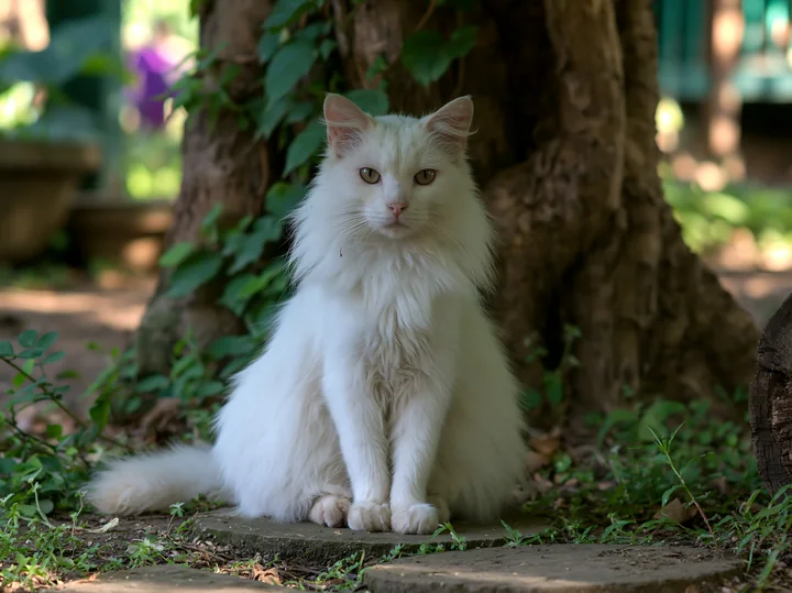 A Mandalay cat with white fur sits on a stone path surrounded by greenery.