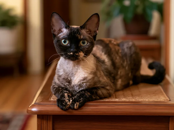 A Minskin cat rests comfortably on a wooden table in a warm home environment.