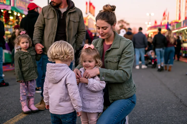 A mother helps her daughter while a son stands beside them at a busy carnival.