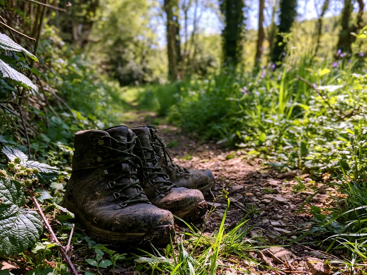 A pair of worn hiking boots sits on a dirt path surrounded by lush greenery and trees in a forest.