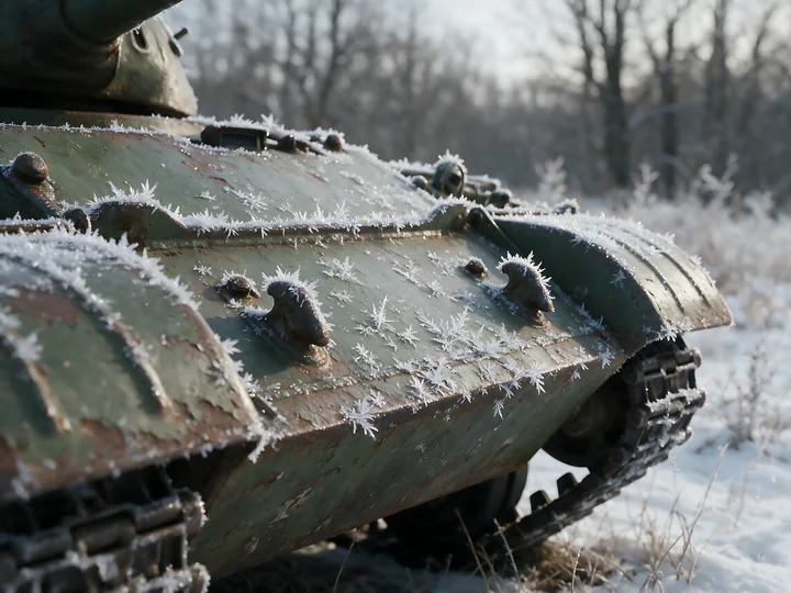 A panzer tank in winter snow shows frost covering its surface under a cloudy sky.
