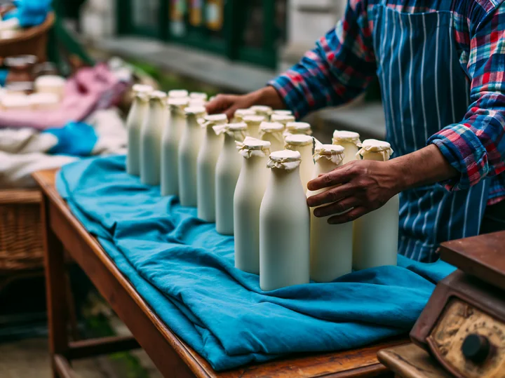 A person arranges artisan milk bottles on a market stall.