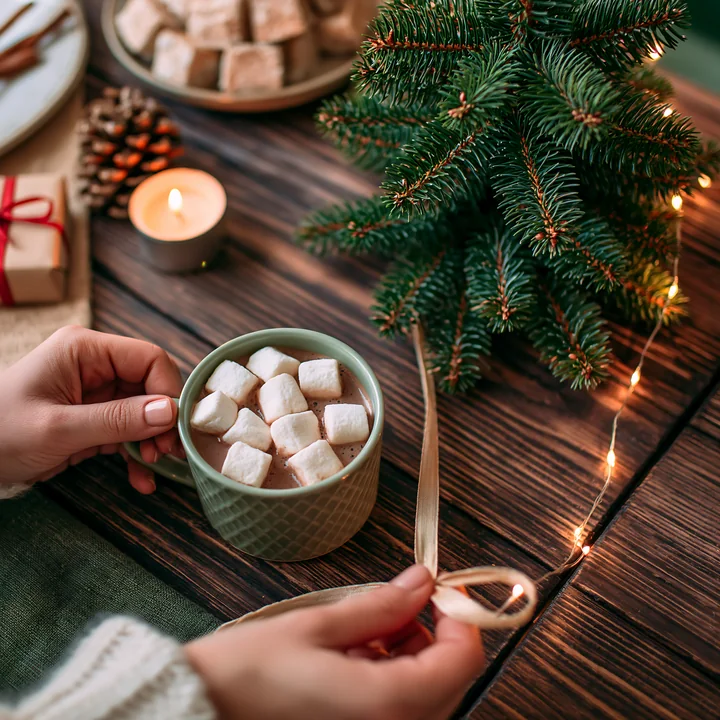 A person holds a cup of warm cocoa topped with marshmallows.