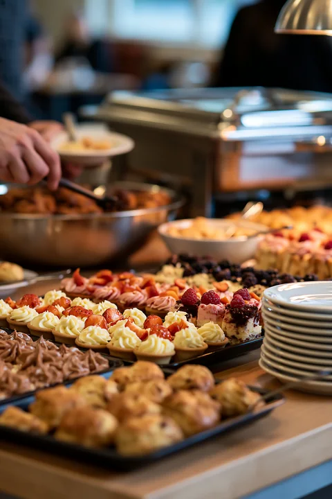 A person serving food from a buffet featuring different dishes, pastries, and desserts at a corporate lunch event.