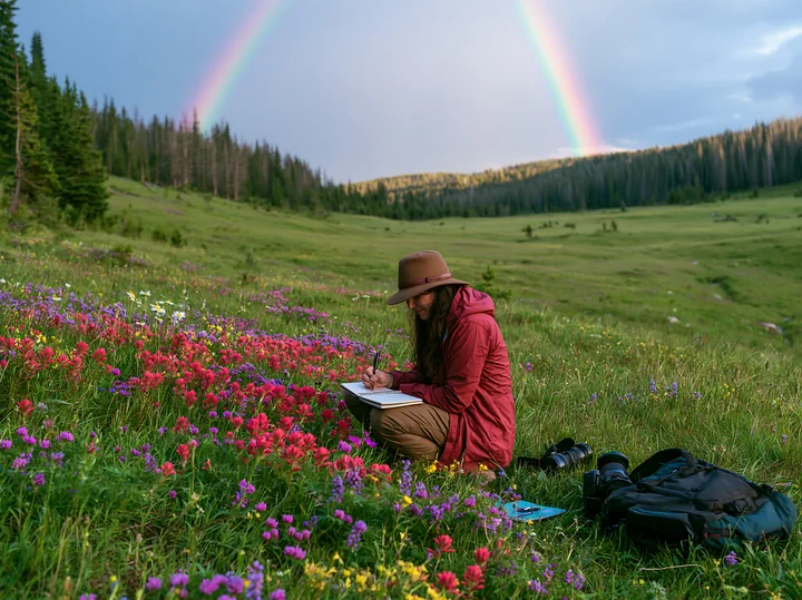 A person sits in a lush green meadow beneath a rainbow, surrounded by colorful flowers.