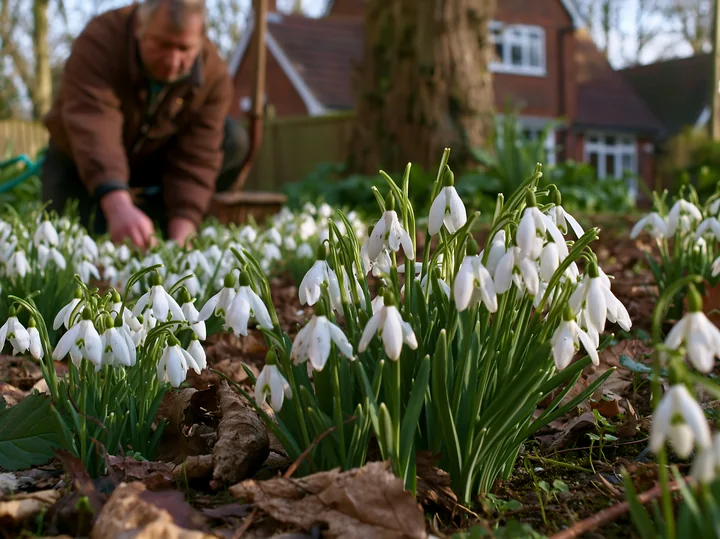 A person tends to snowdrop flowers beneath trees in a garden.