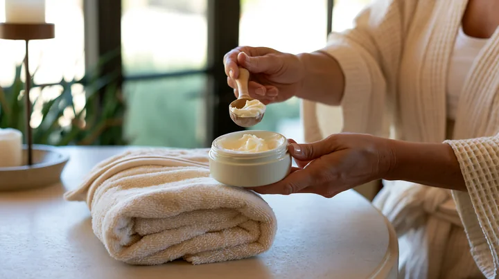 A person uses a scoop to measure a cream dose from a jar while resting on a towel.