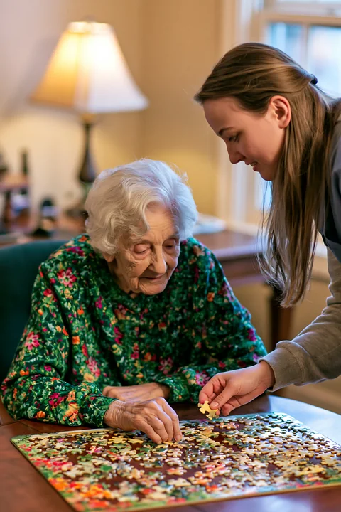 A person with Alzheimer's is working on a puzzle with a caregiver in a cozy indoor setting.
