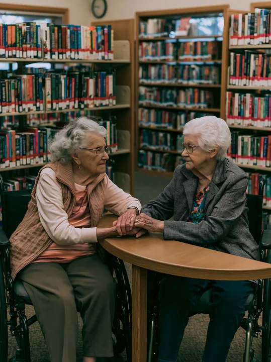 A person with Alzheimer's recognizing a familiar family member sits at a table in a library.