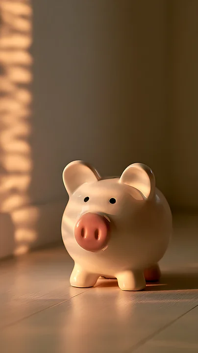 A piggy bank positioned on a wooden floor captures light from a nearby window.