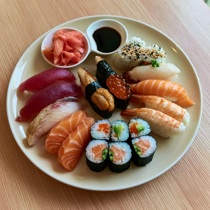 A premium sushi selection is beautifully arranged on a round plate, featuring various types of nigiri, sashimi, and maki rolls.