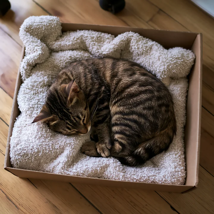 A rare cat breed sleeping at home in a cardboard box lined with a soft towel.