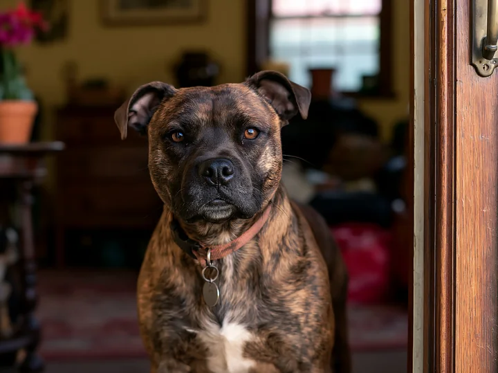 A rare dog breed brindle coat stands at an open door, looking outside.