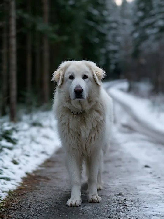 A rare dog breed on rural road stands on a snowy path with trees in the background.