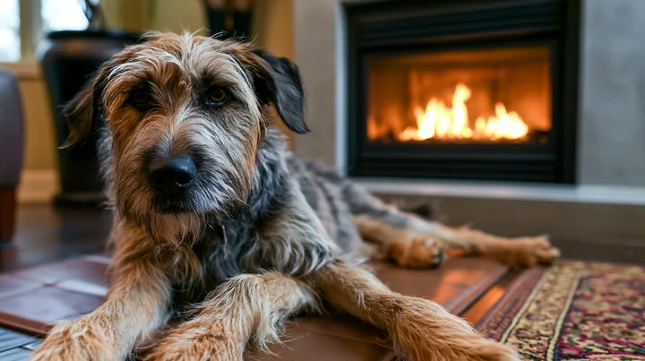 A rare dog breed relaxing by fireplace in a cozy living room setting.