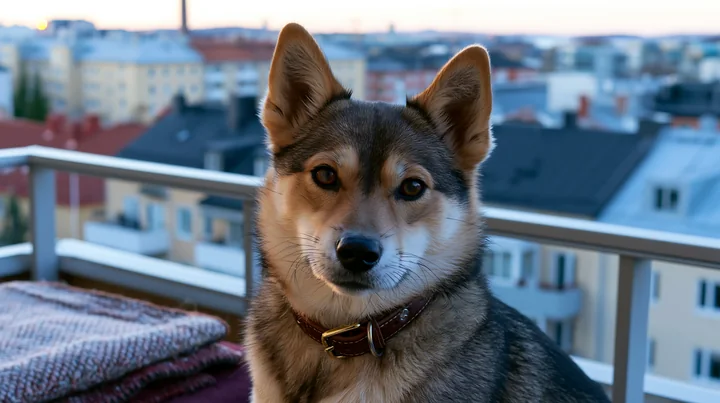 A rare dog breed sits on a balcony at a pet-friendly hotel, overlooking the city skyline during the sunset.