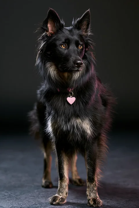 A rare dog breed stands in a studio setting, showcasing its unique features.