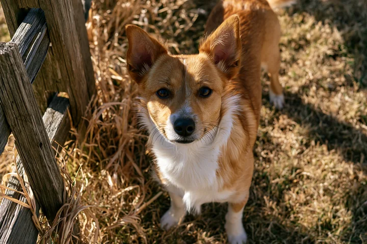 A rare dog breed stands on dry grass beside a wooden fence.