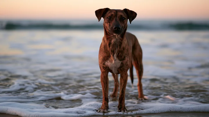 A rare dog breed with a brindle coat stands near the ocean waves during sunset.
