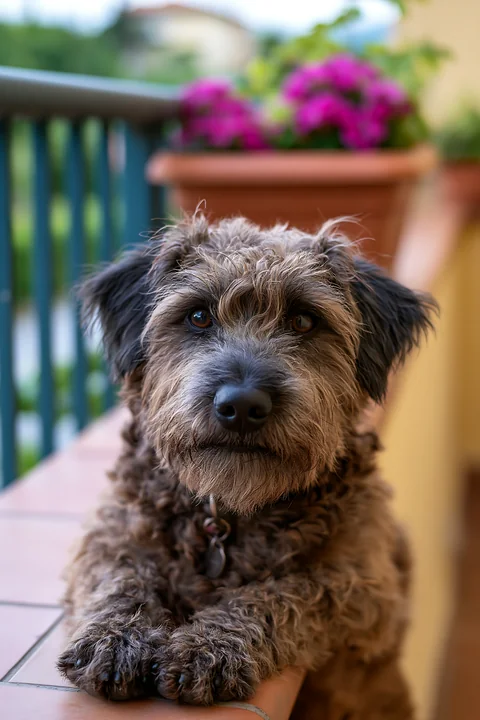 A rare dog breed with unusual coat texture rests on a balcony railing in a vibrant setting with flowers in the background.