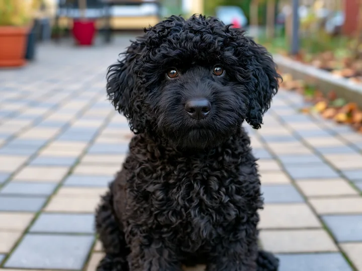 A rare dog breed with unusual coat texture sits on a brick pathway.