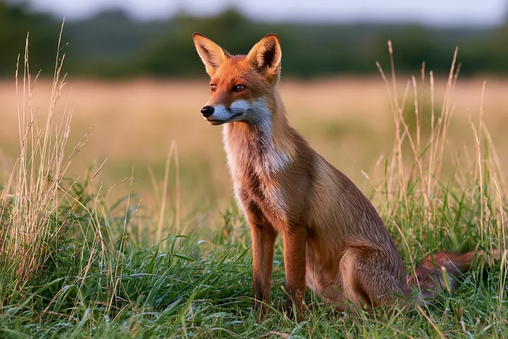 A red fox sits in a meadow beneath a rainbow, surrounded by tall grass and open fields.