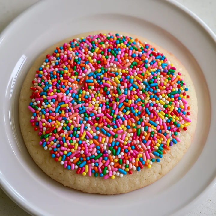 A round cookie is covered in a variety of colorful rainbow sprinkles arranged in a swirl pattern.