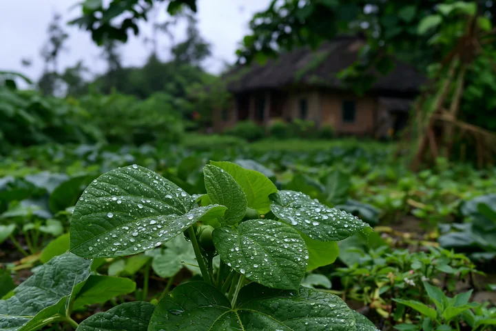 A rural cottage stands in the background with green plants covered in rain droplets in the foreground.