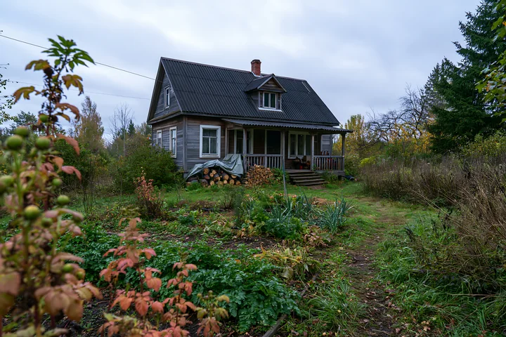 A rural cottage with firewood stack stands near a garden filled with greenery and autumn foliage.