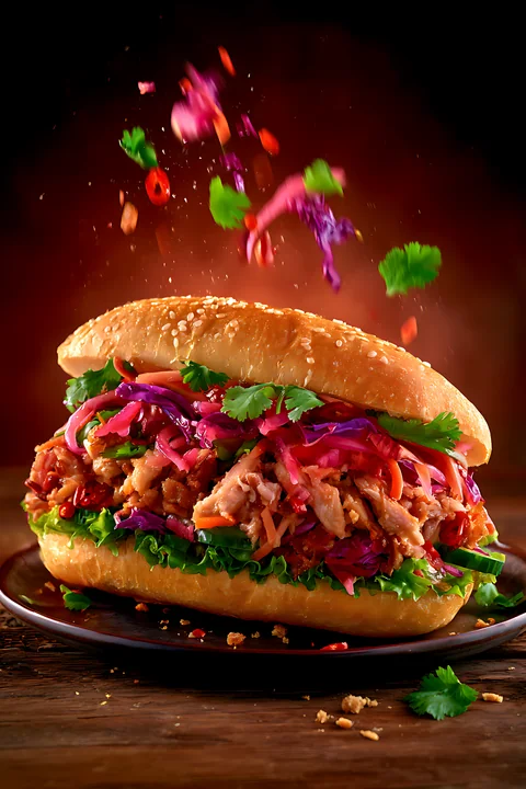 A sandwich filled with shredded meat, colorful vegetables, and herbs is placed on a wooden plate.