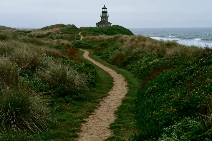 A sandy path leads through coastal dunes to a lighthouse by the sea.