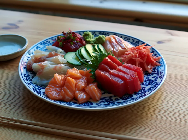 A sashimi platter with pickled ginger and various slices of fish is placed on a wooden table.