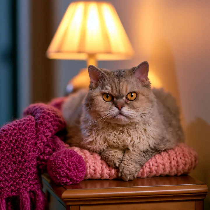 A Selkirk Rex cat rests comfortably on a pink blanket atop a wooden table, with a lamp casting warm light nearby.