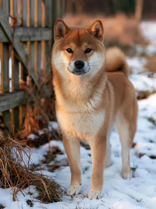 A Shiba Inu is standing in a snowy meadow next to a wooden fence.