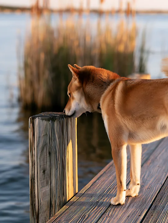 A shiba inu stands on a wooden pier, looking at the calm water below as tall grasses sway gently behind it.