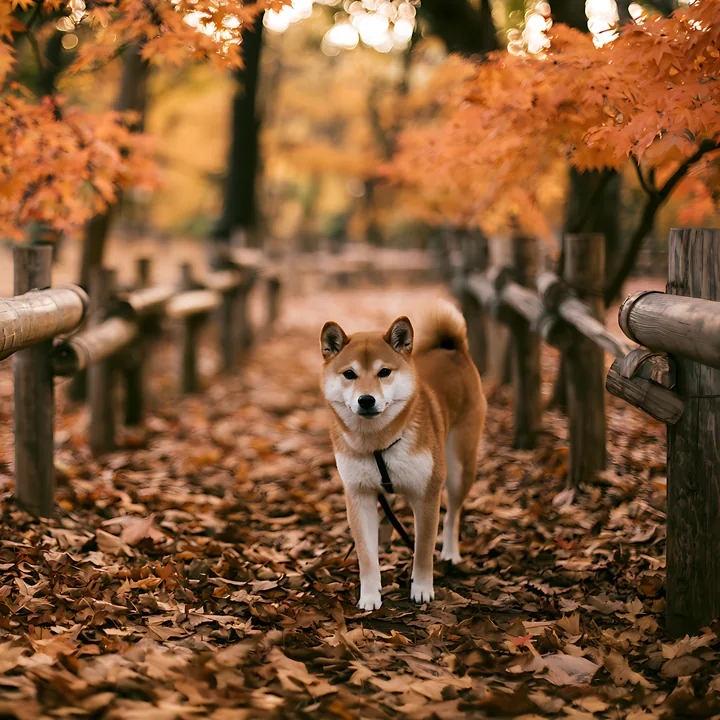 A Shiba Inu walks along a path covered with leaves and lined by trees with orange foliage.