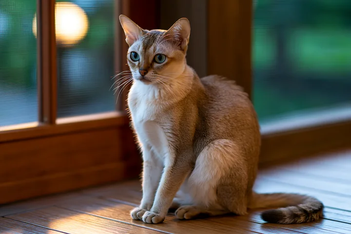 A Singapura cat is sitting calmly by a window, with natural light reflecting off its fur.