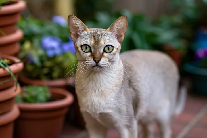 A Singapura cat stands alert in a garden surrounded by potted plants.
