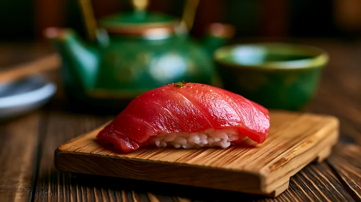 A single tuna nigiri on wooden board sits beside a green tea set.